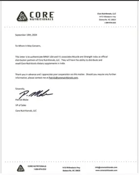 Core Nutritionals distribution partner letter